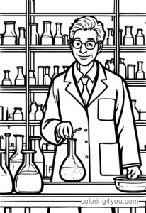 coloriage d'un scientifique en blouse de laboratoire menant une expérience scientifique