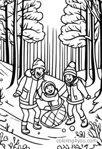 Snowball fight in the forest coloring page