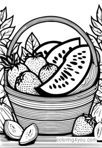 Summer seasonal fruit basket coloring pages for kids