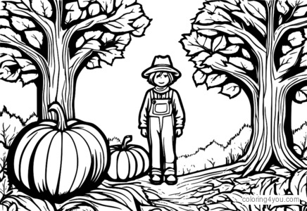 Coloring page of a scarecrow next to a big oak tree in autumn