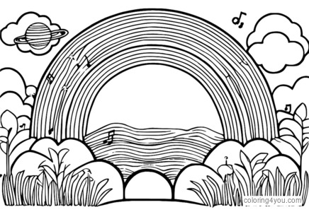 Grande arco-íris ensolarado formando uma bola de papel voadora colorida com figuras musicais e um feliz cantor de pandeiro!