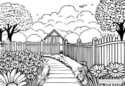 Illustration de jardin de marguerites avec clôture à colorier pour les enfants