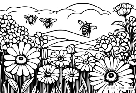 Free coloring page of flower garden with bees collecting pollen