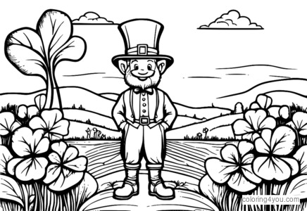 Leprechaun standing in front of a large four-leaf clover and expressing gratitude