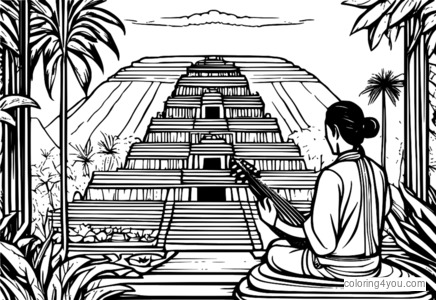 Un suonatore di guqin in un tempio Maya con una giungla tranquilla nelle vicinanze.