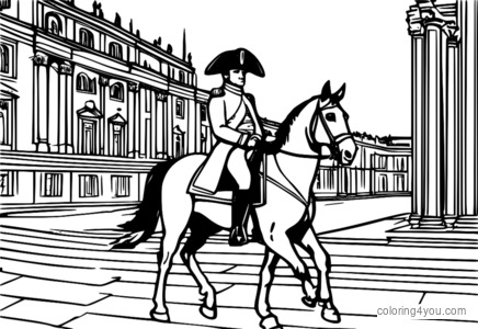 Napoleon Bonaparte riding a horse in front of a royal palace.