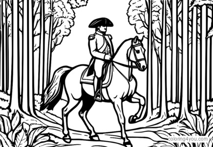 Napoleon Bonaparte reitet auf einem Pferd durch einen Wald.