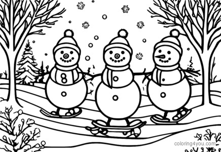 Grupo ng mga snowmen na ice skating nang magkasama sa snow, na napapalibutan ng mga snowflake at isang maliwanag na asul na kalangitan