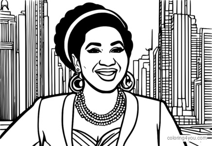 kleurplaat van een zangeres geïnspireerd door de krachtige stem van Aretha Franklin