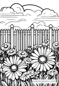 Illustration de jardin de marguerites avec clôture à colorier pour les enfants