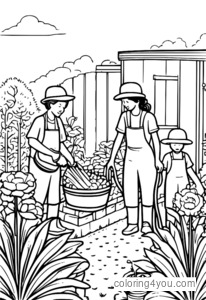 kebun sayur dengan tukang kebun menyiram dengan hos, ilustrasi berwarna-warni