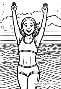 A determined and triumphant young girl standing at the finish line after winning a swimming competition.