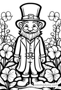 Leprechaun standing in front of a large four-leaf clover and expressing gratitude