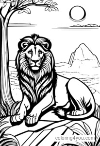 Coloring pages of a lion sitting on a rock in the savannah