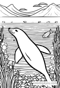 Coloring page of a seal swimming in the ocean surrounded by plastic bags and bottles