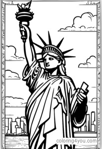 Coloring page of the Statue of Liberty with a storytelling theme in New York City