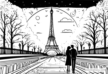 halaman mewarna Menara Eiffel pada waktu malam bersama pasangan romantis di Paris, Perancis