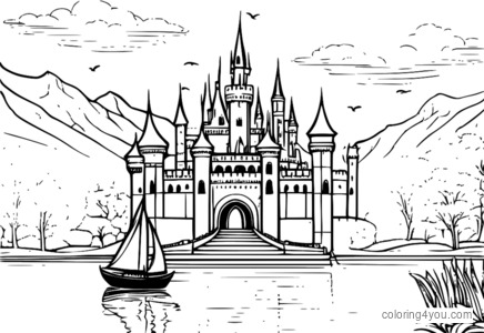 Dibujo para colorear de un castillo de cuento de hadas junto al lago.