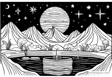 Coloring page of hot spring under stars at night