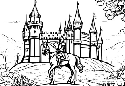 Dibujo para colorear de un caballero a caballo hacia un castillo.