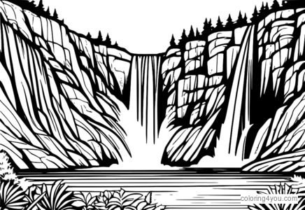 Dibujo para colorear de las cataratas inferiores de Yellowstone, rodeadas de pinos y aguas cristalinas