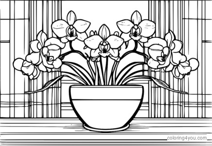 Orchid floral pattern coloring page with symmetrical flowers and leaves in a vase.