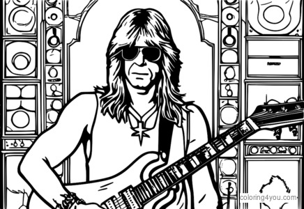 Randy Rhoads spilar á gítar, umkringdur Ozzy Osbourne lógóum og þungarokksnótum