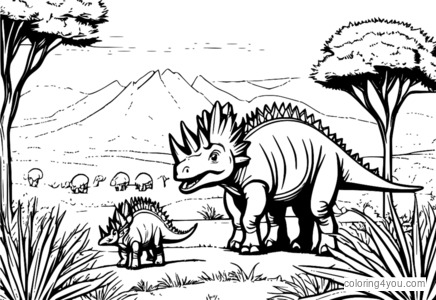 Klompok stegosaurus roaming savannah karo suket lan wit gedhe