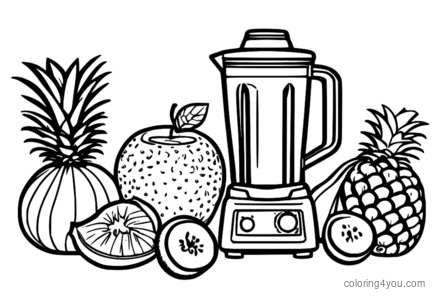 Dibujo para colorear de una licuadora con superalimentos y frutas.