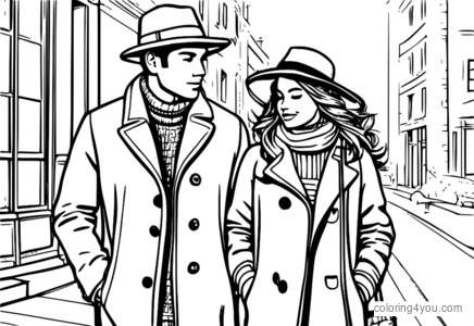 A beautiful couple wearing layered winter clothing and fashionable hats.