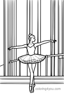 A solo ballet dancer in a tutu standing at a ballet barre on stage