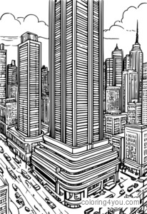 Bustling retail skyscraper in city coloring page