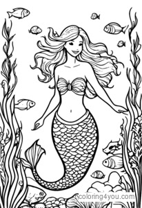 Fairy mermaid swimming in ocean, surrounded by fish and seaweed