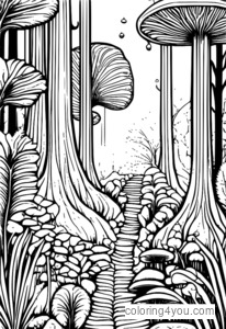 Fern forest with whimsical mushrooms in a fantasy scene