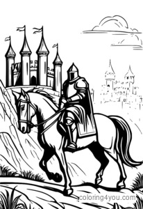 Dibujo para colorear de un caballero a caballo hacia un castillo.