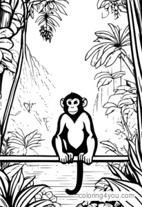 A coloring page of a monkey in the rainforest.