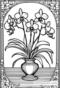 Ausmalbild: Orchideen-Blumenmuster mit symmetrischen Blumen und Blättern in einer Vase.