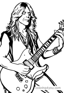 Randy Rhoads idoqq il-kitarra, imdawwar b’logos ta’ Ozzy Osbourne u noti tal-mużika heavy metal