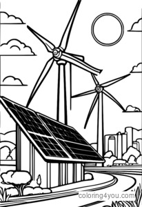 Poster with a sunny day, solar panel, and wind turbine