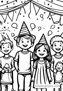 Crowd of smiling children, colorful confetti, birthday party