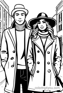 A beautiful couple wearing layered winter clothing and fashionable hats.