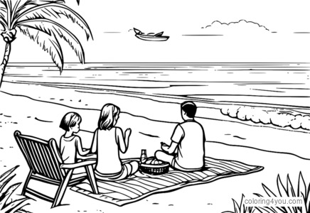 Famiglia che fa un picnic sulla spiaggia.