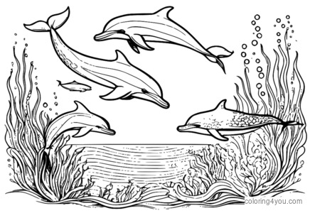 A pod of dolphins plays with a sea serpent in the ocean with schools of fish.