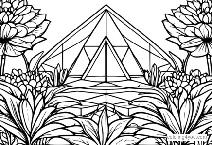 Coloring page of a flower garden with geometric patterns