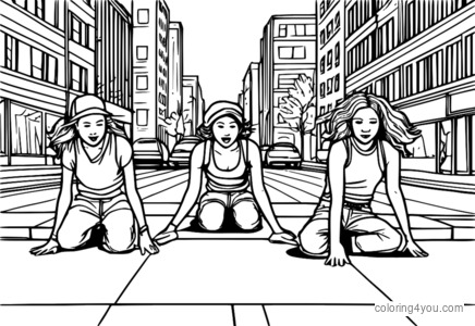 Pagina da colorare di ragazze che ballano breakdance per strada - scena divertente con movimenti dinamici