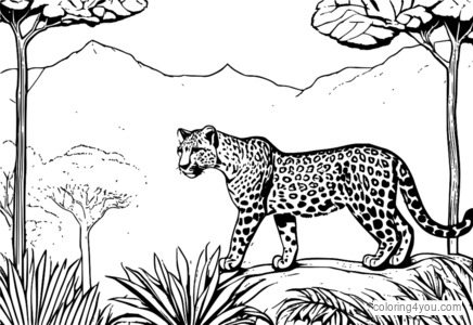 barvita ilustracija leoparda na veji visoko v krošnjah džungle