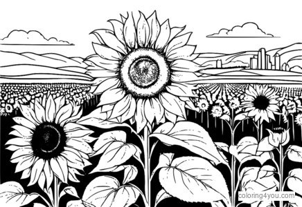 coloring pages of a sunflower in a flowerbed with a picket fence