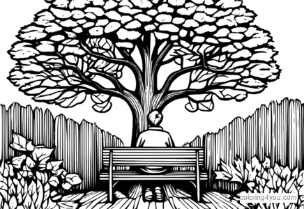 A tree in autumn with a person sitting on a bench