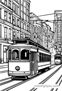 Coloring page of a trolley car for an at-grade stop