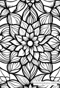 Dibujo para colorear de un jardín de flores con motivos geométricos.